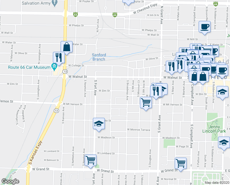 map of restaurants, bars, coffee shops, grocery stores, and more near 1046 West Elm Street in Springfield