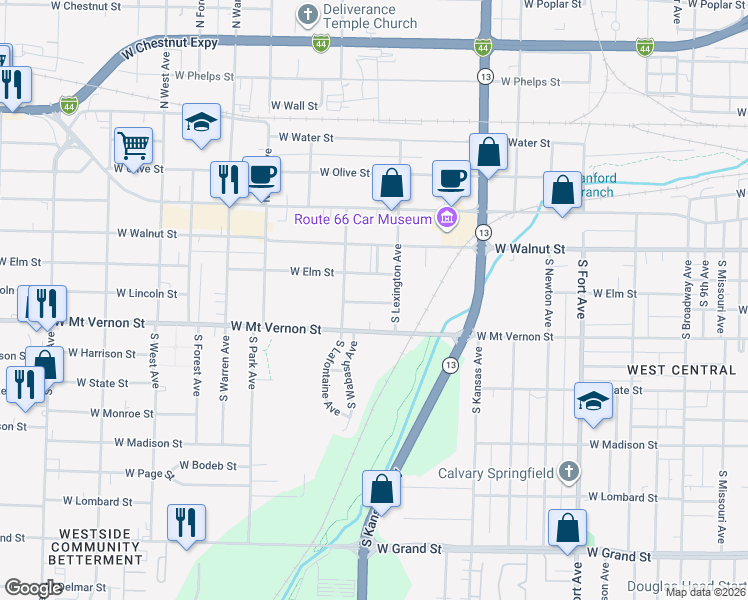 map of restaurants, bars, coffee shops, grocery stores, and more near 1823 West Lincoln Street in Springfield