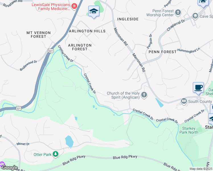 map of restaurants, bars, coffee shops, grocery stores, and more near 5384 Willow Spring Road in Cave Spring