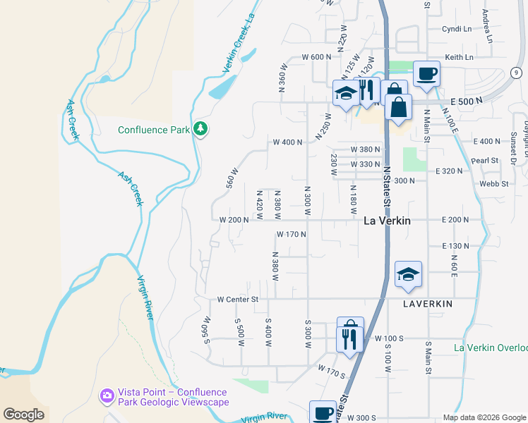 map of restaurants, bars, coffee shops, grocery stores, and more near 212 North 420 West in La Verkin