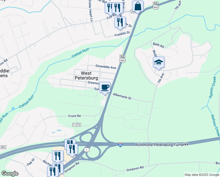 map of restaurants, bars, coffee shops, grocery stores, and more near 25819 Greensville Avenue in Petersburg