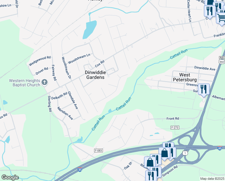 map of restaurants, bars, coffee shops, grocery stores, and more near 24914 Creek Lane in Petersburg