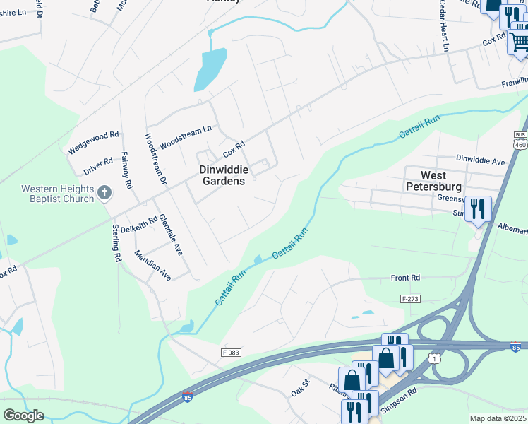 map of restaurants, bars, coffee shops, grocery stores, and more near 24914 Creek Lane in Petersburg