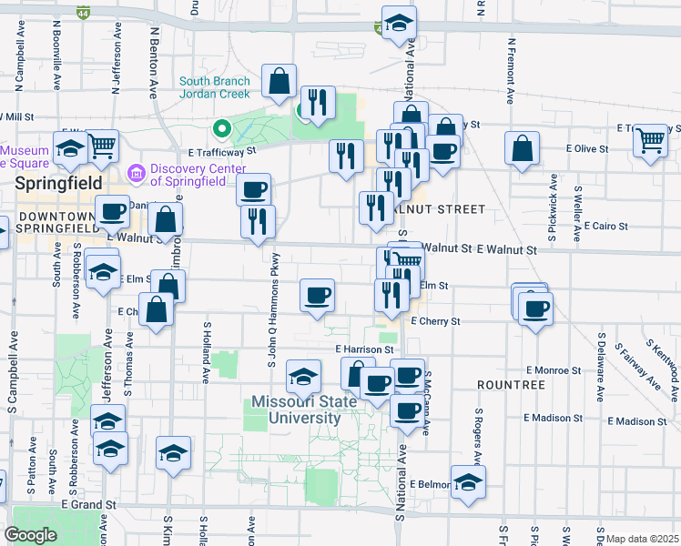 map of restaurants, bars, coffee shops, grocery stores, and more near 1030 East Walnut Street in Springfield