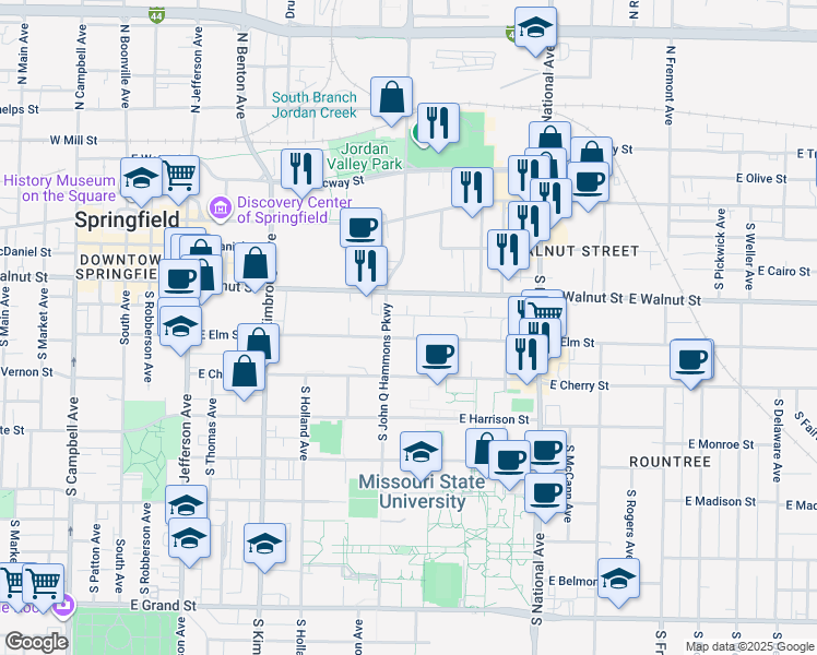 map of restaurants, bars, coffee shops, grocery stores, and more near 945 East Elm Street in Springfield
