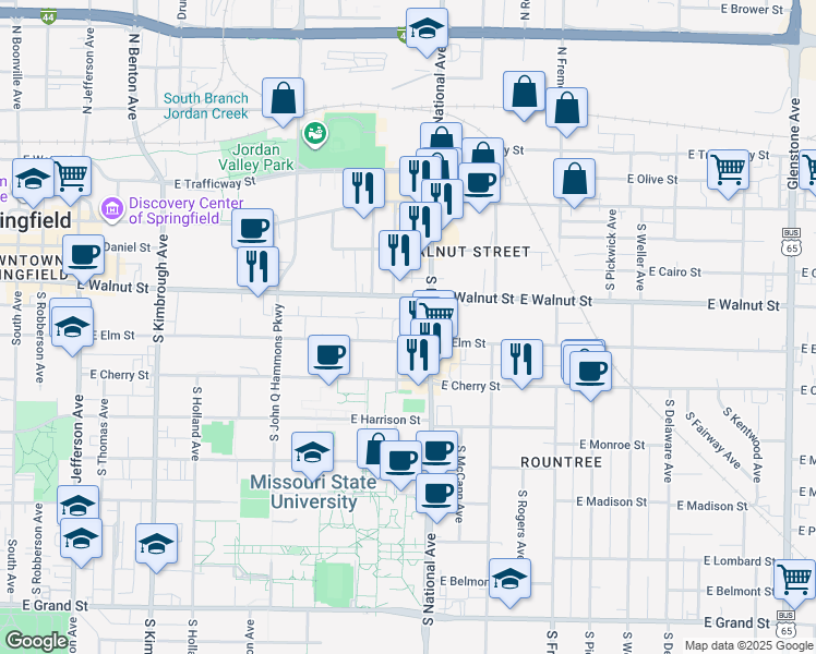 map of restaurants, bars, coffee shops, grocery stores, and more near 1122 East Walnut Street in Springfield