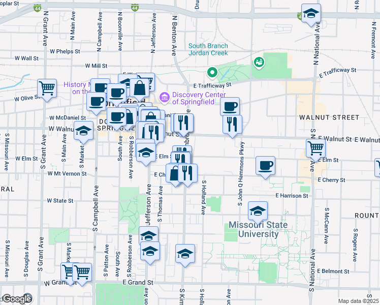 map of restaurants, bars, coffee shops, grocery stores, and more near 609 East Elm Street in Springfield