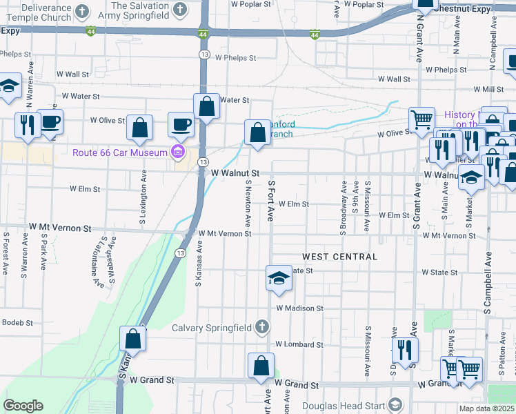 map of restaurants, bars, coffee shops, grocery stores, and more near 1320 West Elm Street in Springfield