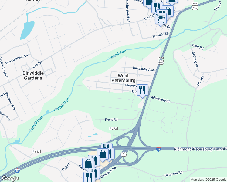map of restaurants, bars, coffee shops, grocery stores, and more near 25605 Surry Avenue in Petersburg