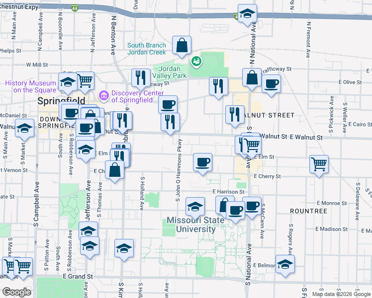 map of restaurants, bars, coffee shops, grocery stores, and more near 901 East Elm Street in Springfield