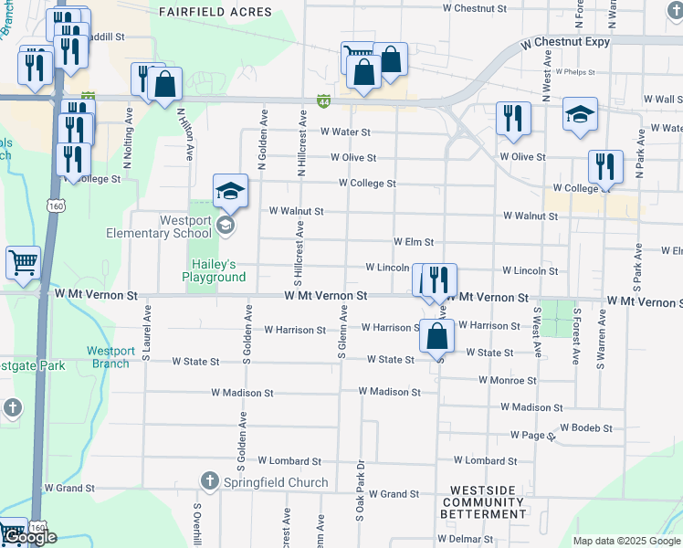 map of restaurants, bars, coffee shops, grocery stores, and more near 2900 West Lincoln Street in Springfield