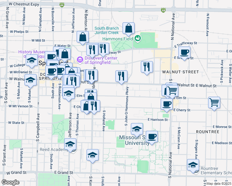 map of restaurants, bars, coffee shops, grocery stores, and more near 801 East Elm Street in Springfield