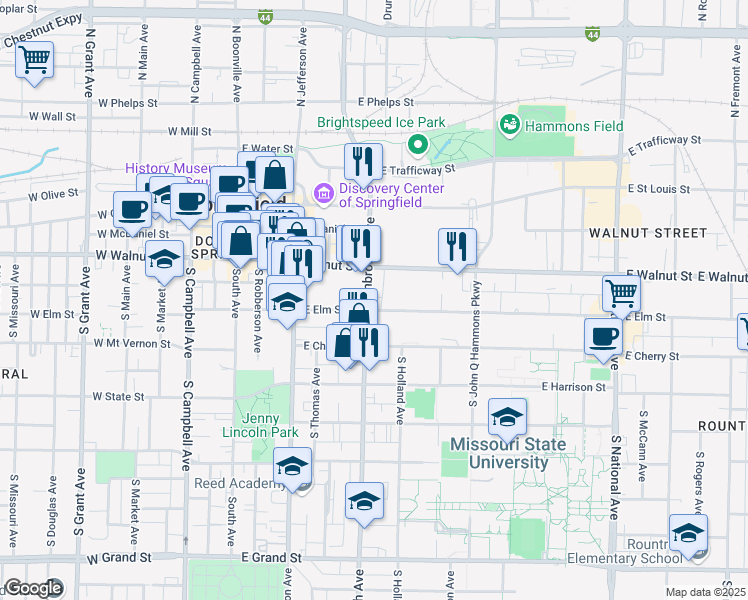 map of restaurants, bars, coffee shops, grocery stores, and more near 609 East Elm Street in Springfield