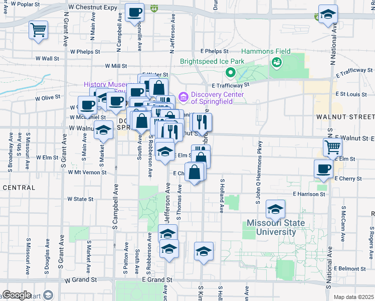 map of restaurants, bars, coffee shops, grocery stores, and more near 501 East Elm Street in Springfield