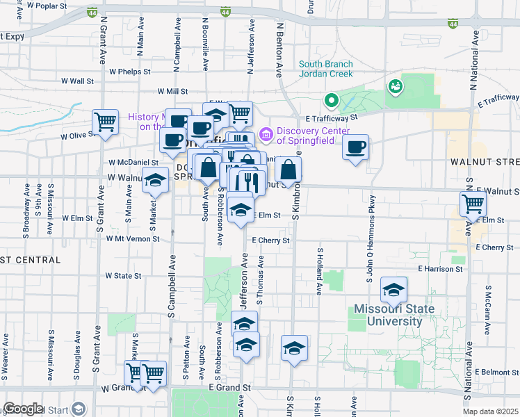 map of restaurants, bars, coffee shops, grocery stores, and more near 434 South Jefferson Avenue in Springfield