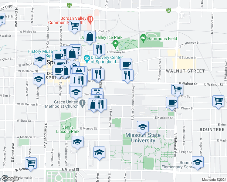map of restaurants, bars, coffee shops, grocery stores, and more near 709 East Elm Street in Springfield