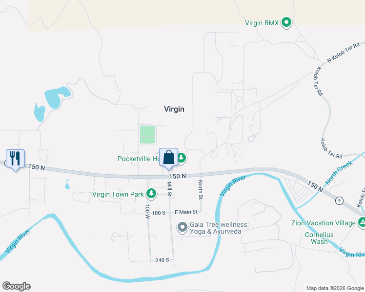 map of restaurants, bars, coffee shops, grocery stores, and more near 124 North Sierra Bella in Virgin