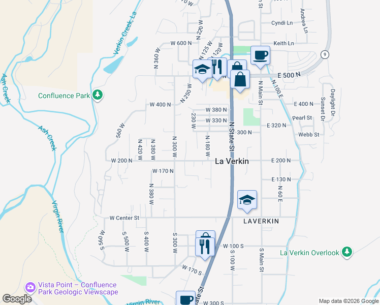 map of restaurants, bars, coffee shops, grocery stores, and more near 251 220 West in La Verkin