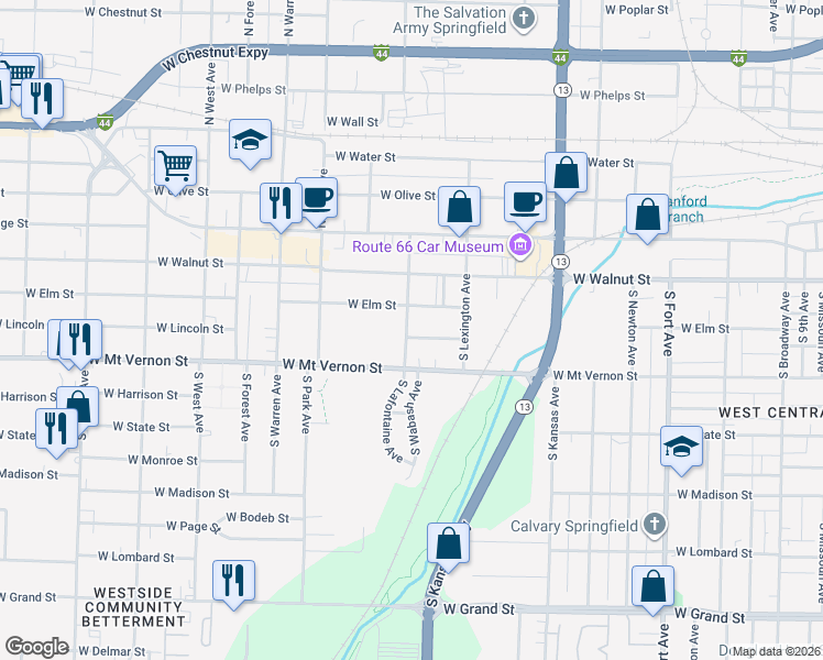 map of restaurants, bars, coffee shops, grocery stores, and more near 1927 West Lincoln Street in Springfield