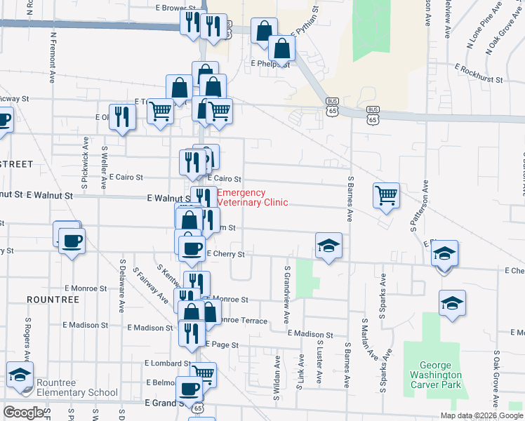map of restaurants, bars, coffee shops, grocery stores, and more near 1930 East Walnut Street in Springfield