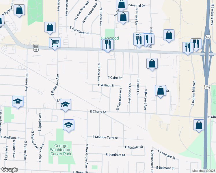 map of restaurants, bars, coffee shops, grocery stores, and more near 2757 East Walnut Street in Springfield