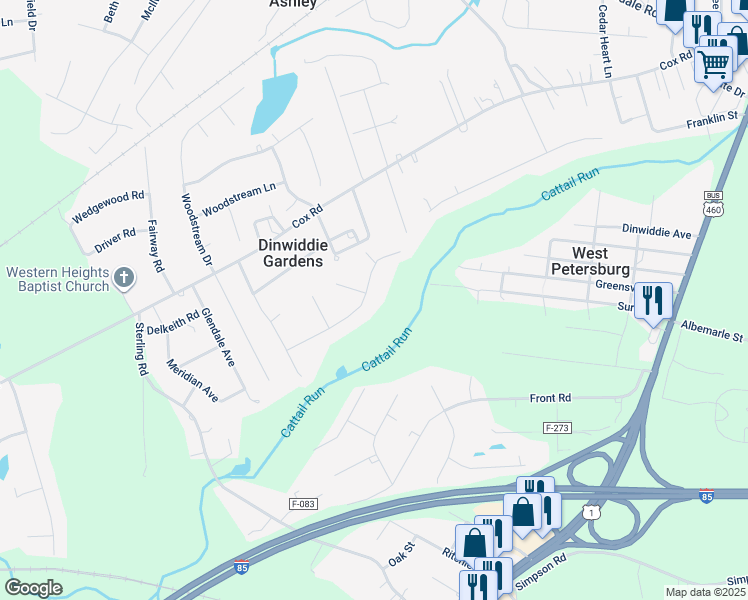map of restaurants, bars, coffee shops, grocery stores, and more near 24925 Creek Lane in Petersburg