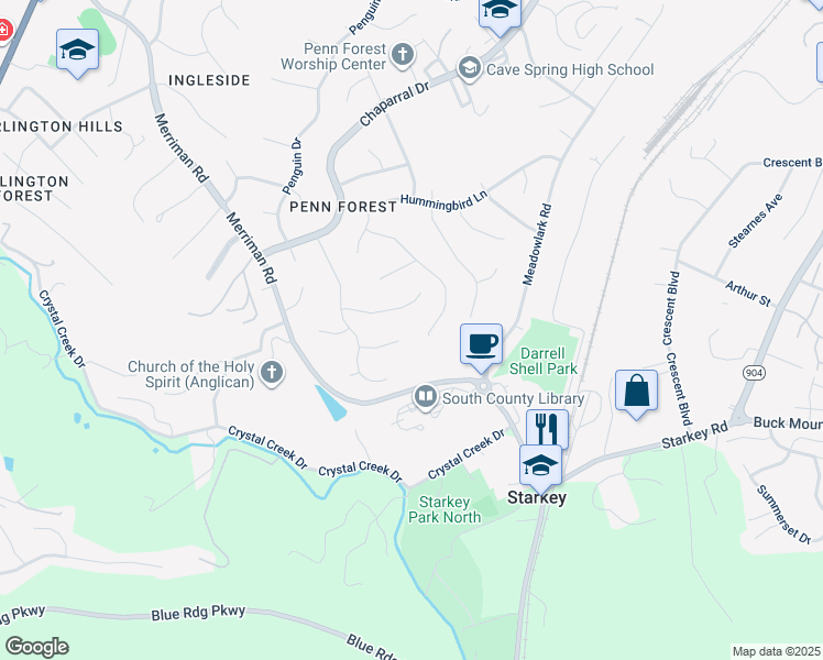map of restaurants, bars, coffee shops, grocery stores, and more near 2634 Dovetail Circle in Cave Spring