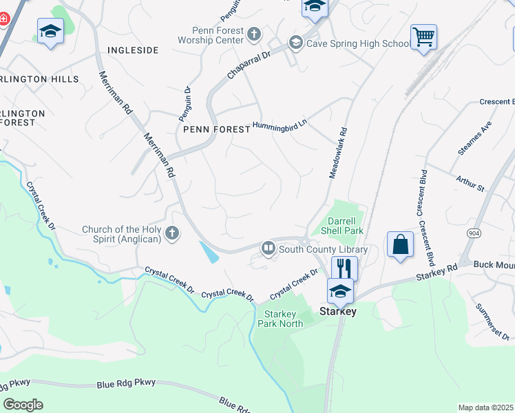 map of restaurants, bars, coffee shops, grocery stores, and more near 2634 Dovetail Circle in Cave Spring
