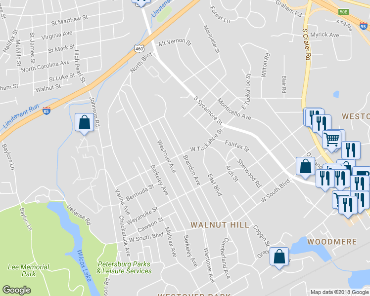 map of restaurants, bars, coffee shops, grocery stores, and more near 1679 Brandon Avenue in Petersburg