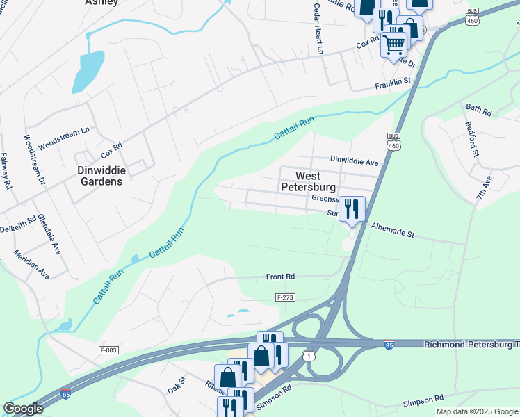 map of restaurants, bars, coffee shops, grocery stores, and more near 25511 Surry Avenue in Petersburg