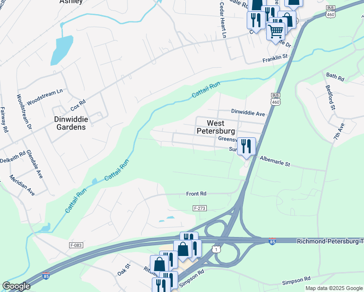 map of restaurants, bars, coffee shops, grocery stores, and more near 25511 Surry Avenue in Petersburg