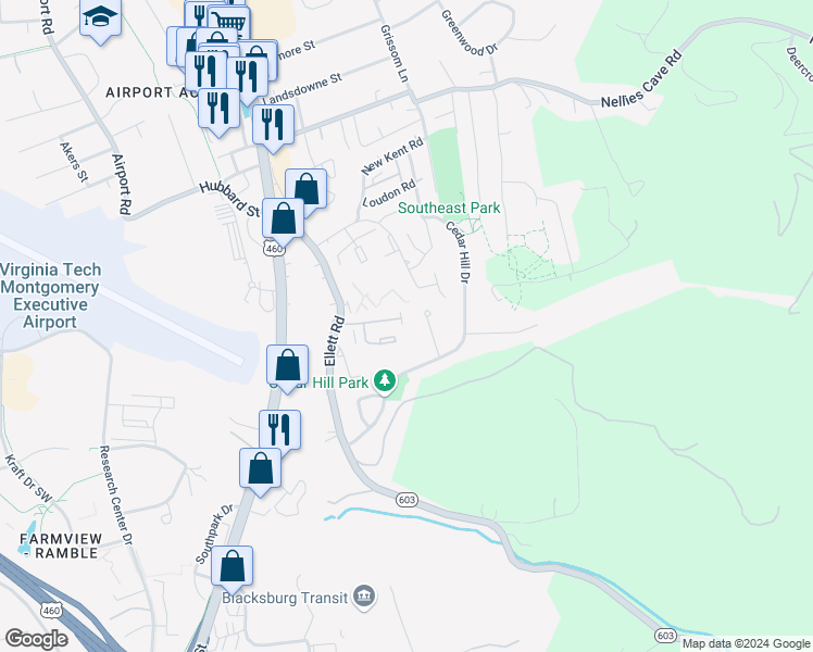 map of restaurants, bars, coffee shops, grocery stores, and more near 274 Old Cedarfield Drive in Blacksburg