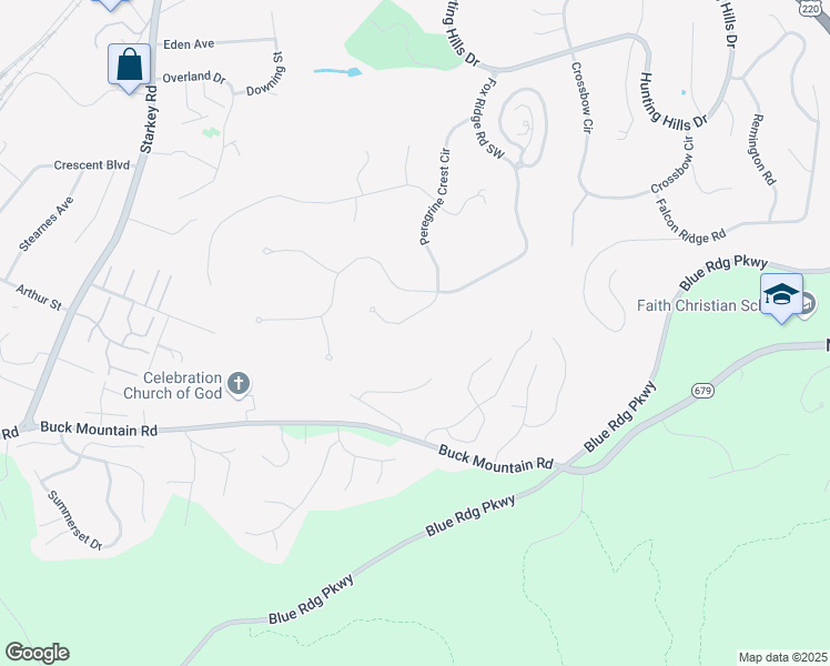 map of restaurants, bars, coffee shops, grocery stores, and more near 5428 Peregrine Crest Circle in Roanoke