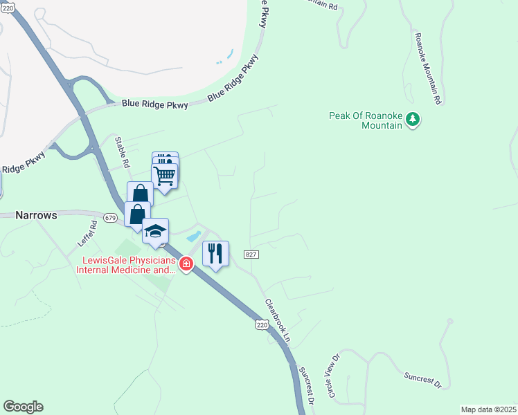 map of restaurants, bars, coffee shops, grocery stores, and more near 5314 Amanda Lane in Roanoke