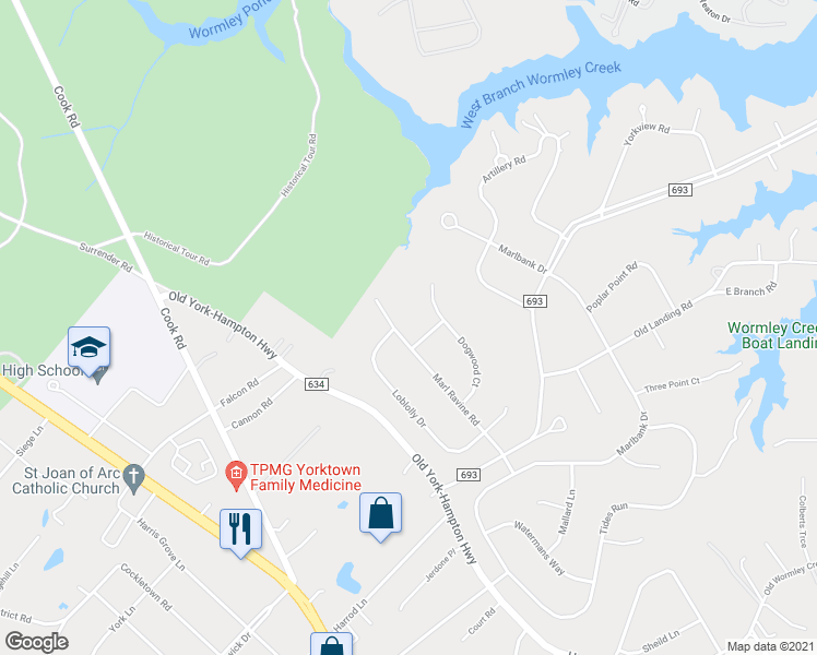 map of restaurants, bars, coffee shops, grocery stores, and more near 303 Marl Ravine Road in Yorktown
