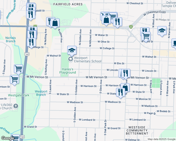 map of restaurants, bars, coffee shops, grocery stores, and more near 3001 West Lincoln Street in Springfield