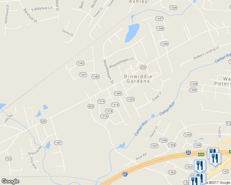 map of restaurants, bars, coffee shops, grocery stores, and more near 4808 Woodstream Drive in Petersburg