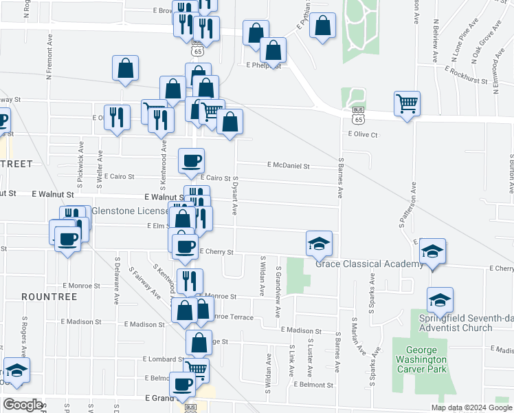 map of restaurants, bars, coffee shops, grocery stores, and more near 1936 East Walnut Street in Springfield