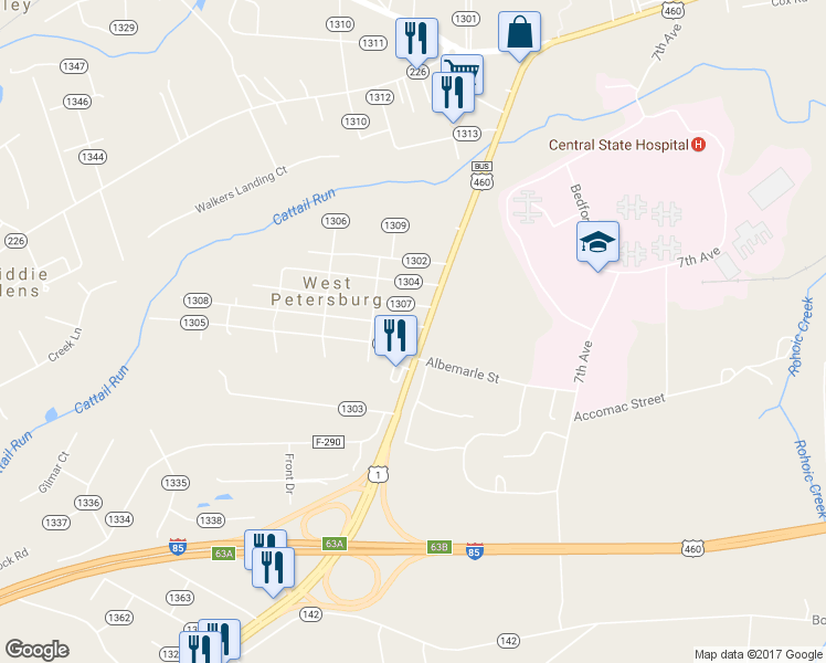 map of restaurants, bars, coffee shops, grocery stores, and more near 25819 Greensville Avenue in Petersburg