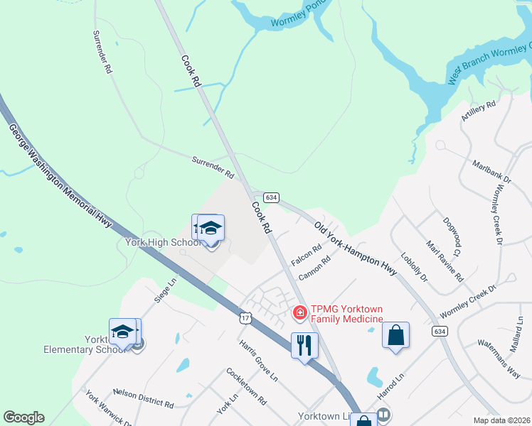 map of restaurants, bars, coffee shops, grocery stores, and more near 614 Cook Road in Yorktown