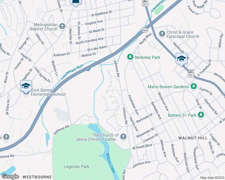 map of restaurants, bars, coffee shops, grocery stores, and more near Lieutenants Run Drive in Petersburg