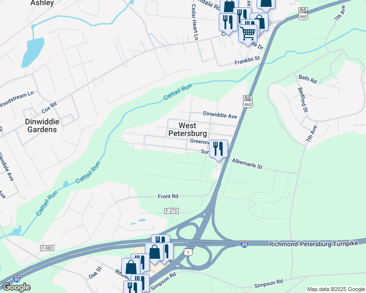 map of restaurants, bars, coffee shops, grocery stores, and more near 25618 Surry Avenue in Petersburg