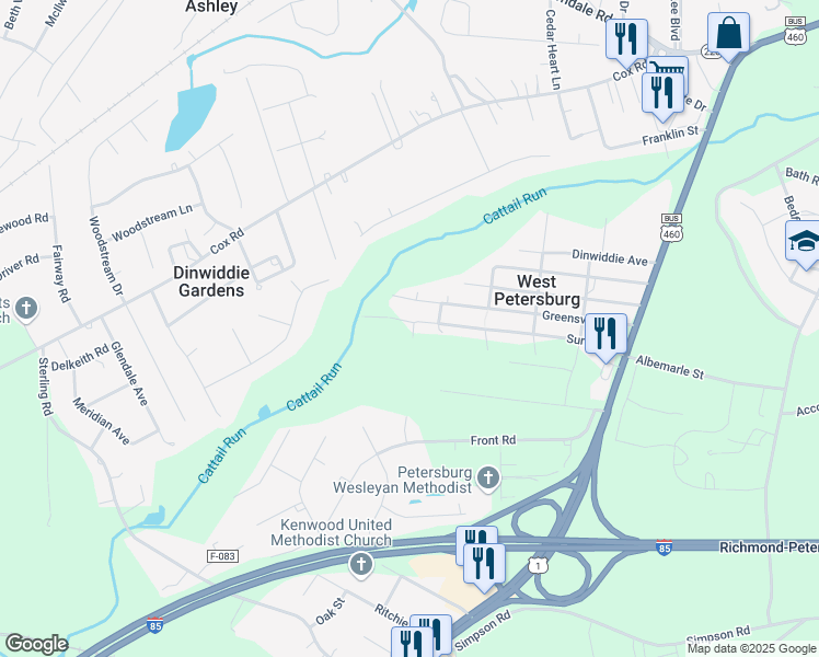 map of restaurants, bars, coffee shops, grocery stores, and more near 25407 Surry Avenue in Petersburg