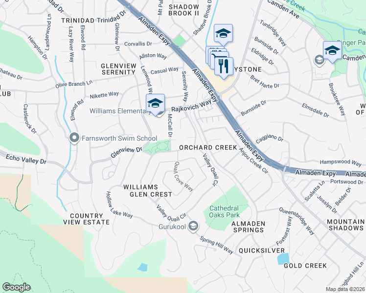 map of restaurants, bars, coffee shops, grocery stores, and more near 1172 Valley Quail Circle in San Jose