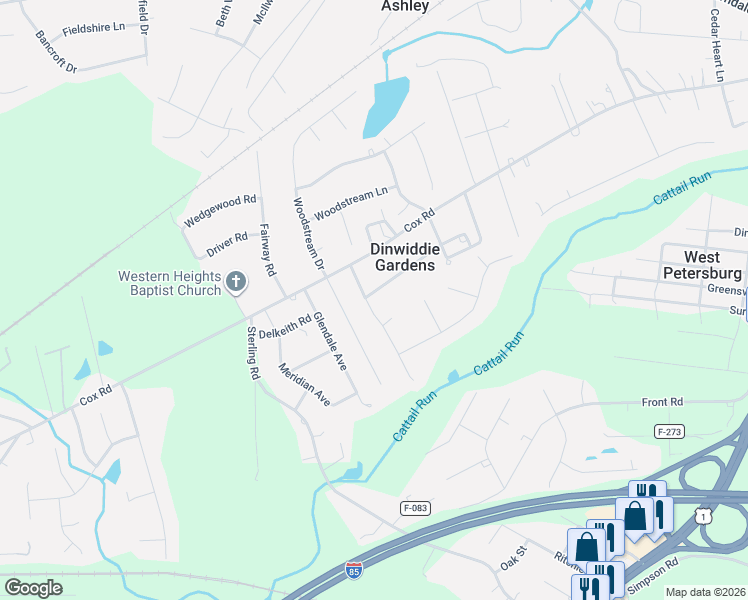 map of restaurants, bars, coffee shops, grocery stores, and more near 4715 Creek Road in Petersburg