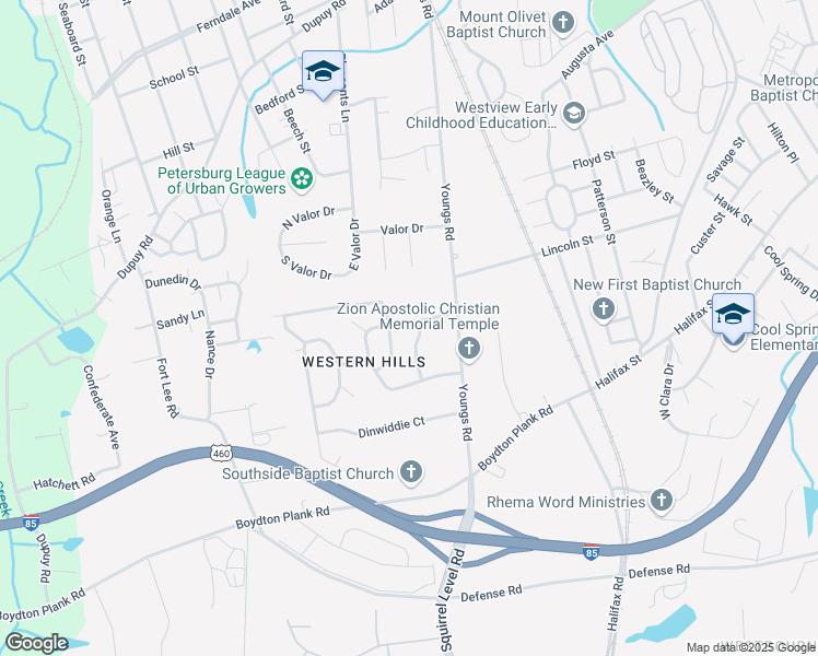 map of restaurants, bars, coffee shops, grocery stores, and more near 1516 Halcun Drive in Petersburg