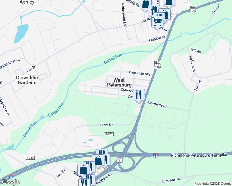 map of restaurants, bars, coffee shops, grocery stores, and more near 25618 Surry Avenue in Petersburg