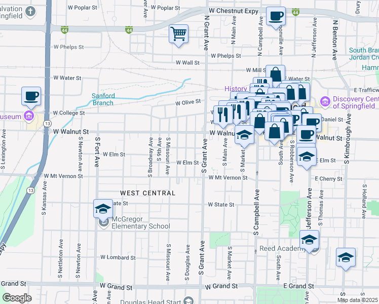 map of restaurants, bars, coffee shops, grocery stores, and more near 732 W Pershing St in Springfield