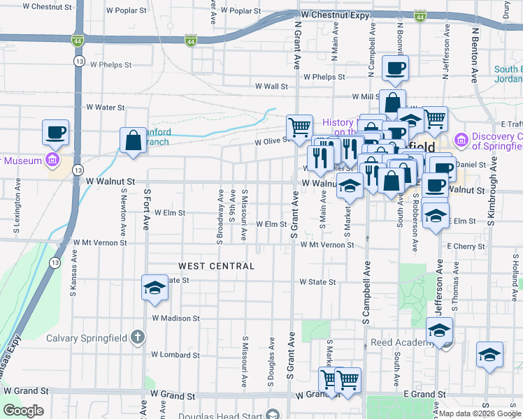 map of restaurants, bars, coffee shops, grocery stores, and more near 828 West Pershing Street in Springfield