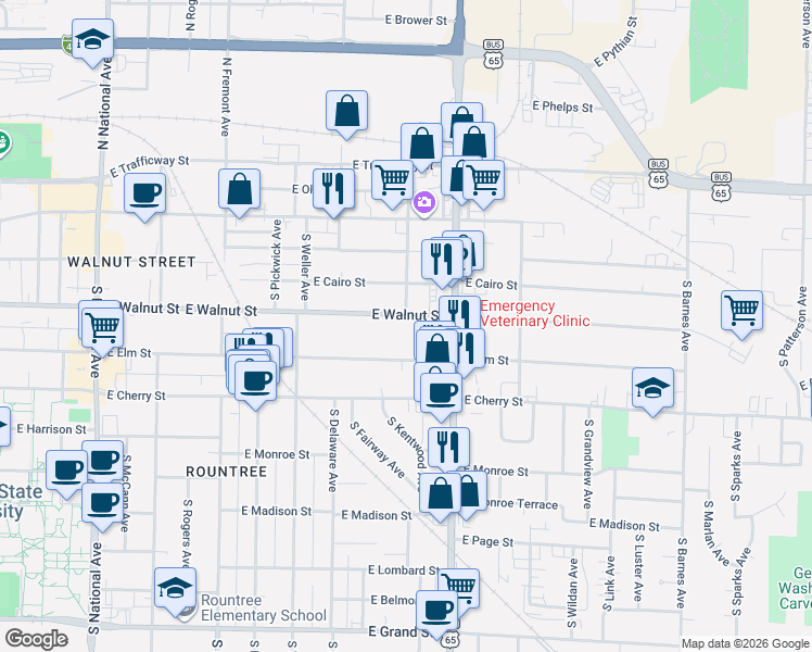 map of restaurants, bars, coffee shops, grocery stores, and more near 1700 East Walnut Street in Springfield